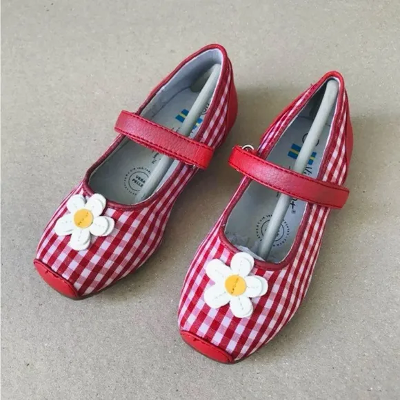 Vincent Elsa Red Gingham Mary Jane Flower Shoes Size 25 EU 8 US Leather Trim