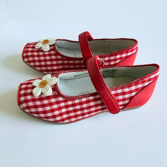 Vincent Elsa Red Gingham Mary Jane Flower Shoes Size 25 EU 8 US Leather Trim