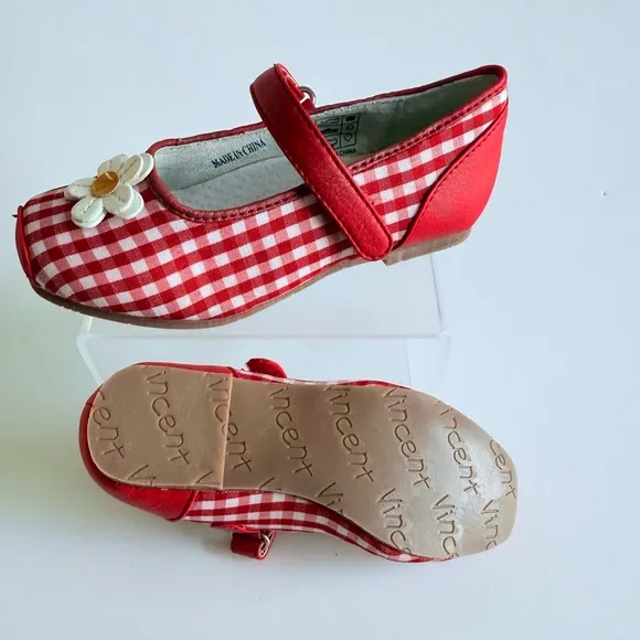 Vincent Elsa Red Gingham Mary Jane Flower Shoes Size 25 EU 8 US Leather Trim