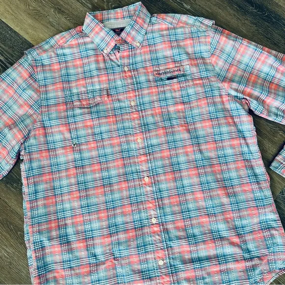VINEYARD VINES HARBOR SHIRT FISHING LONG SLEEVE ACTIVE PINK WHITE BLUE PLAID L