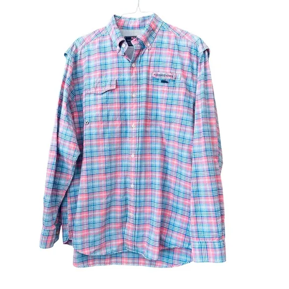 VINEYARD VINES HARBOR SHIRT FISHING LONG SLEEVE ACTIVE PINK WHITE BLUE PLAID L