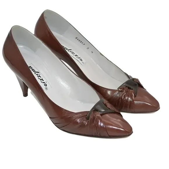 Vintage 60's Palizzio Red-Brown Spanish Leather Twist Buckle Cone Pumps Heels 9