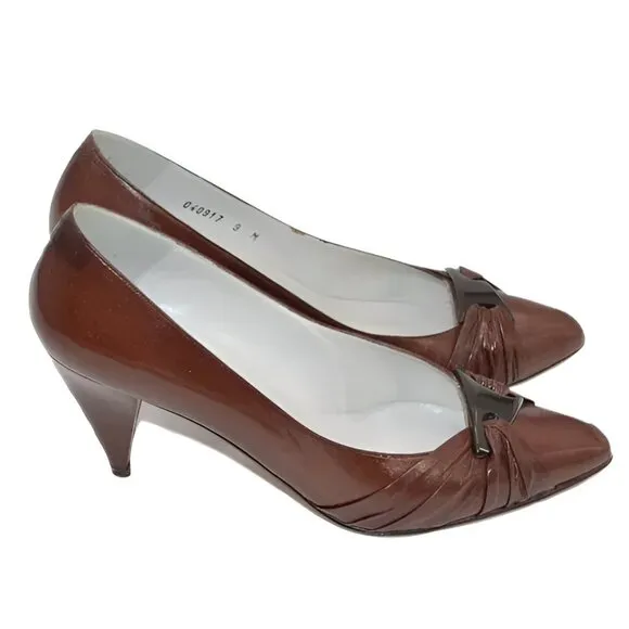 Vintage 60's Palizzio Red-Brown Spanish Leather Twist Buckle Cone Pumps Heels 9