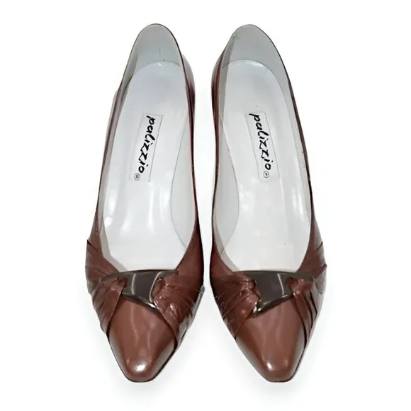 Vintage 60's Palizzio Red-Brown Spanish Leather Twist Buckle Cone Pumps Heels 9