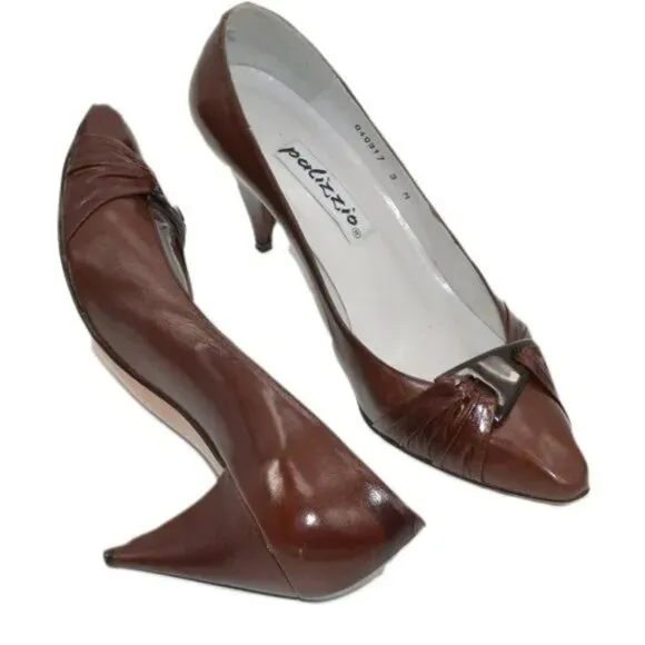 Vintage 60's Palizzio Red-Brown Spanish Leather Twist Buckle Cone Pumps Heels 9