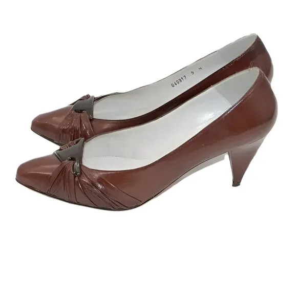 Vintage 60's Palizzio Red-Brown Spanish Leather Twist Buckle Cone Pumps Heels 9