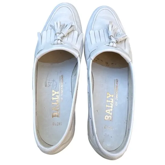 Vintage Bally Of Switzerland White Leather Tassel Loafers Mens Shoes Size 6.5 M