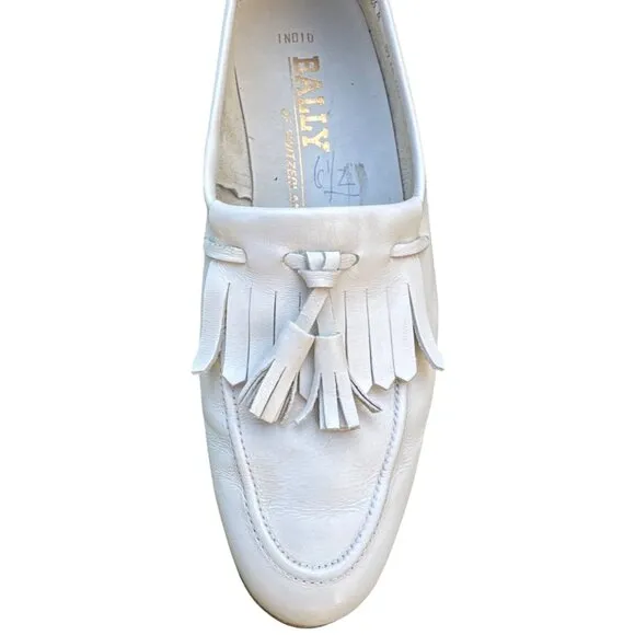 Vintage Bally Of Switzerland White Leather Tassel Loafers Mens Shoes Size 6.5 M