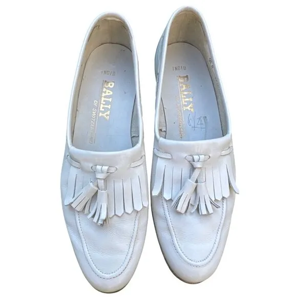 Vintage Bally Of Switzerland White Leather Tassel Loafers Mens Shoes Size 6.5 M