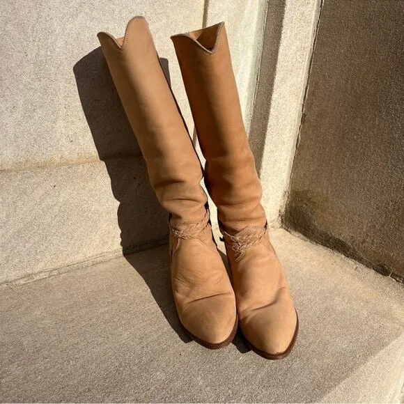 Vintage Dingo 80s high heeled suede yellow tan leather braid detail boots