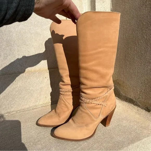 Vintage Dingo 80s high heeled suede yellow tan leather braid detail boots
