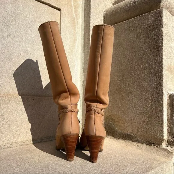 Vintage Dingo 80s high heeled suede yellow tan leather braid detail boots