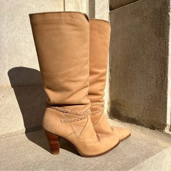 Vintage Dingo 80s high heeled suede yellow tan leather braid detail boots