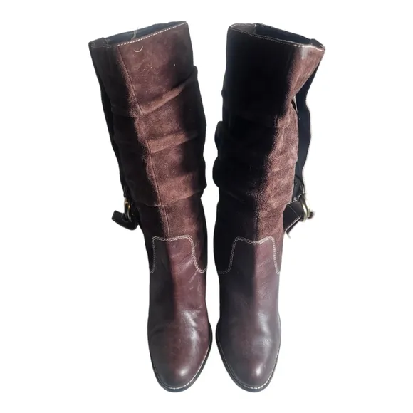 Vintage Nine West High Heel Leather Suede Slouchy Harness Boots Brown 8.5 M
