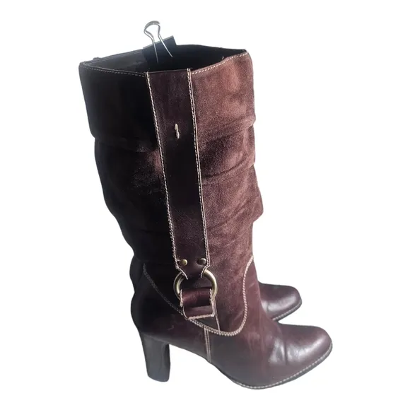 Vintage Nine West High Heel Leather Suede Slouchy Harness Boots Brown 8.5 M