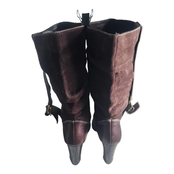 Vintage Nine West High Heel Leather Suede Slouchy Harness Boots Brown 8.5 M