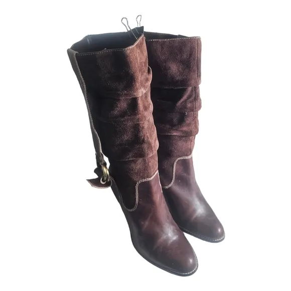 Vintage Nine West High Heel Leather Suede Slouchy Harness Boots Brown 8.5 M