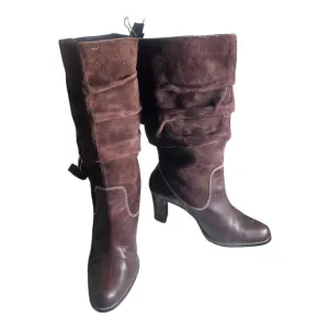 Vintage Nine West High Heel Leather Suede Slouchy Harness Boots Brown 8.5 M