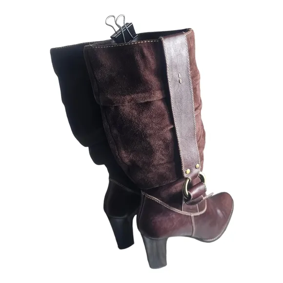 Vintage Nine West High Heel Leather Suede Slouchy Harness Boots Brown 8.5 M