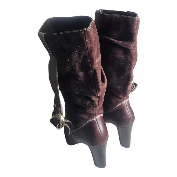 Vintage Nine West High Heel Leather Suede Slouchy Harness Boots Brown 8.5 M