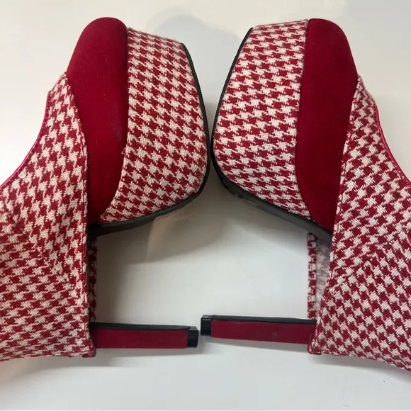 🍒Vintage red suede houndstooth platform back zip pumps high heels sz 7 r…