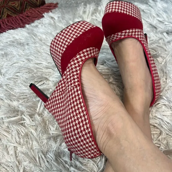 🍒Vintage red suede houndstooth platform back zip pumps high heels sz 7 r…