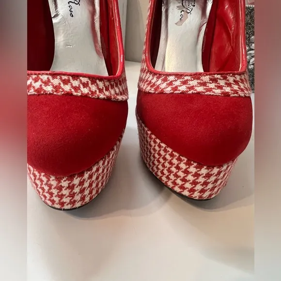 🍒Vintage red suede houndstooth platform back zip pumps high heels sz 7 r…