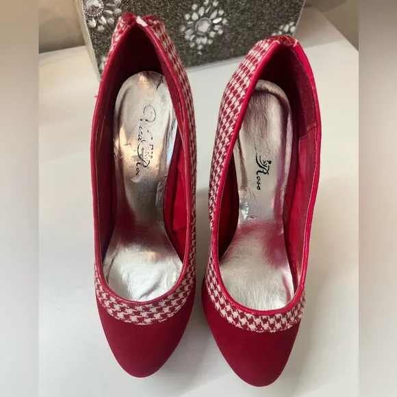 🍒Vintage red suede houndstooth platform back zip pumps high heels sz 7 r…
