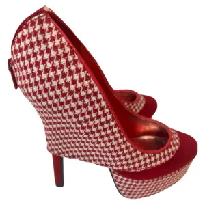 🍒Vintage red suede houndstooth platform back zip pumps high heels sz 7 r…