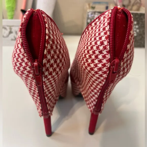 🍒Vintage red suede houndstooth platform back zip pumps high heels sz 7 r…