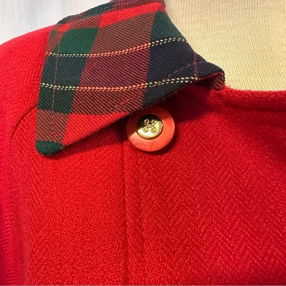 VINTAGE RED WOOL COAT PEACOAT OVERCOAT TARTAN COLLAR JACKET HOLIDAYS OVERSIZED