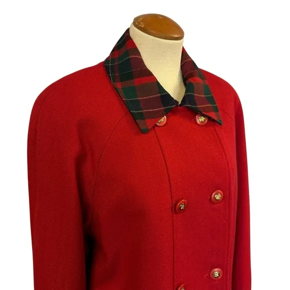 VINTAGE RED WOOL COAT PEACOAT OVERCOAT TARTAN COLLAR JACKET HOLIDAYS OVERSIZED