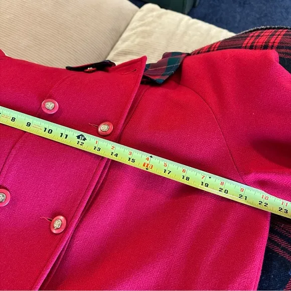 VINTAGE RED WOOL COAT PEACOAT OVERCOAT TARTAN COLLAR JACKET HOLIDAYS OVERSIZED