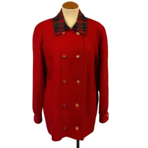 VINTAGE RED WOOL COAT PEACOAT OVERCOAT TARTAN COLLAR JACKET HOLIDAYS OVERSIZED