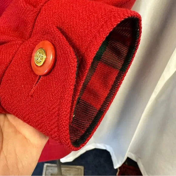 VINTAGE RED WOOL COAT PEACOAT OVERCOAT TARTAN COLLAR JACKET HOLIDAYS OVERSIZED