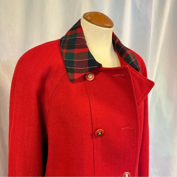 VINTAGE RED WOOL COAT PEACOAT OVERCOAT TARTAN COLLAR JACKET HOLIDAYS OVERSIZED