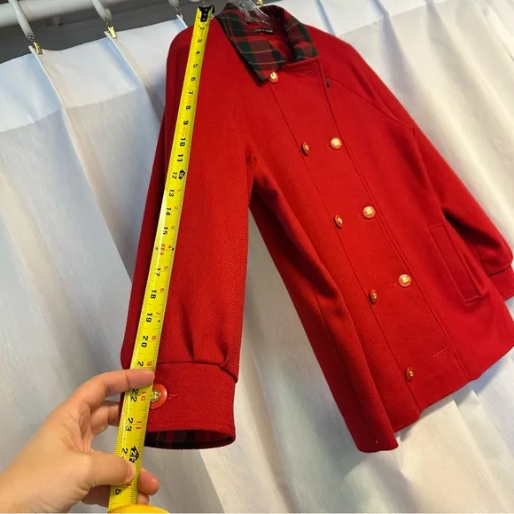 VINTAGE RED WOOL COAT PEACOAT OVERCOAT TARTAN COLLAR JACKET HOLIDAYS OVERSIZED