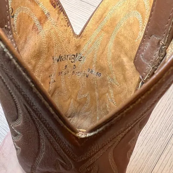 Vintage Wrangler‎ men’s leather w/ lizard 2 tone cowboy boots. Brown, tan. Sz 9D