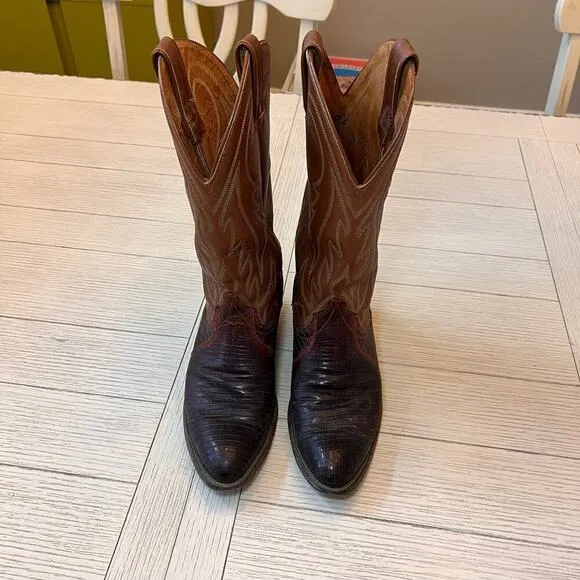 Vintage Wrangler‎ men’s leather w/ lizard 2 tone cowboy boots. Brown, tan. Sz 9D