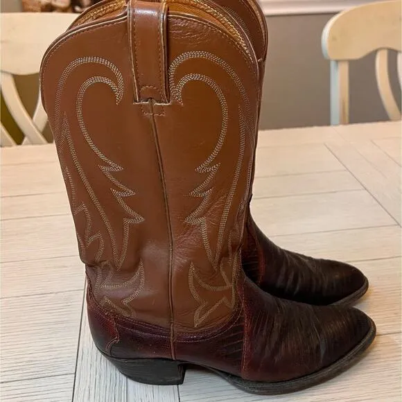 Vintage Wrangler‎ men’s leather w/ lizard 2 tone cowboy boots. Brown, tan. Sz 9D