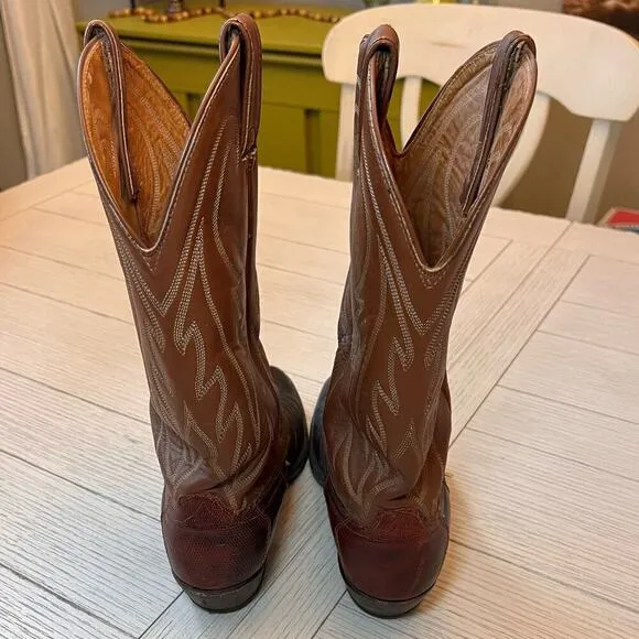 Vintage Wrangler‎ men’s leather w/ lizard 2 tone cowboy boots. Brown, tan. Sz 9D