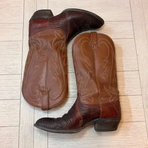 Vintage Wrangler‎ men’s leather w/ lizard 2 tone cowboy boots. Brown, tan. Sz 9D