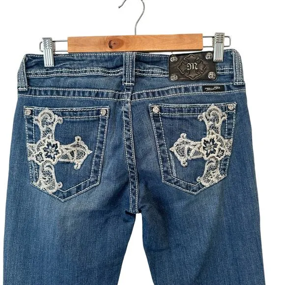 Vintage Y2K Miss Me Cross Embellished Back Pocket Low Rise Bootcut Jeans Size 29
