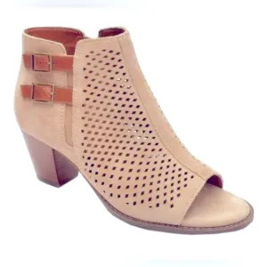 Vionic Chryssa Tan Suede Perforated Peep-Toe Ankle Bootie Women's Size 9