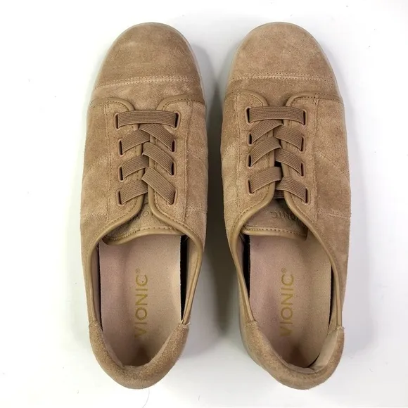 Vionic Jean Suede sneakers pull on elastic laces camel tan 8