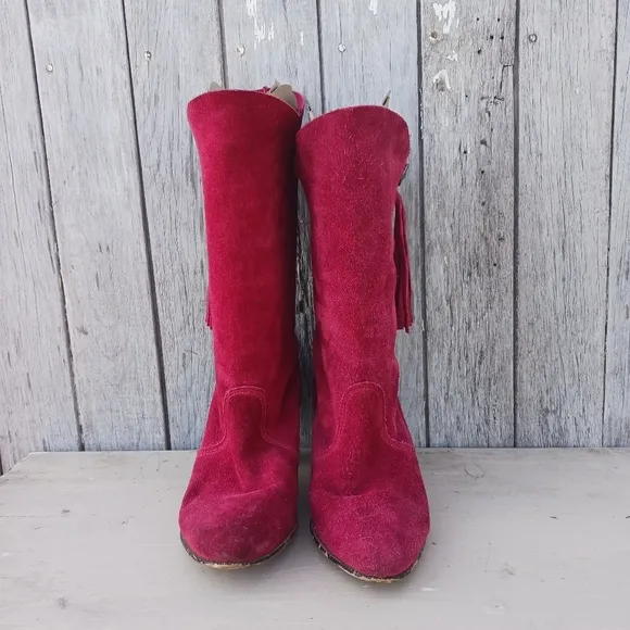 Vtg 70s Red Suede Western Cowgirl Boots Women's Size 8M High Heel Fringe Boho