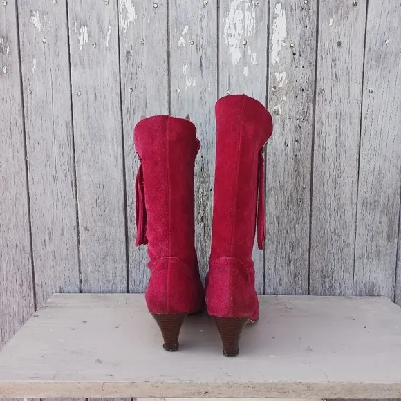 Vtg 70s Red Suede Western Cowgirl Boots Women's Size 8M High Heel Fringe Boho