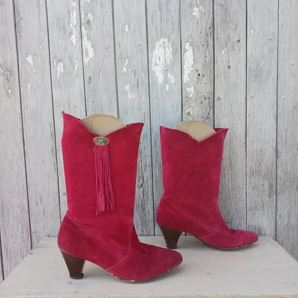 Vtg 70s Red Suede Western Cowgirl Boots Women's Size 8M High Heel Fringe Boho