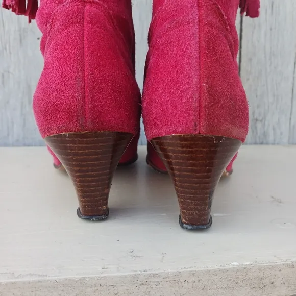 Vtg 70s Red Suede Western Cowgirl Boots Women's Size 8M High Heel Fringe Boho