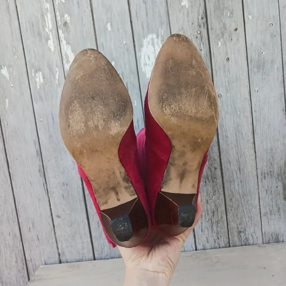 Vtg 70s Red Suede Western Cowgirl Boots Women's Size 8M High Heel Fringe Boho